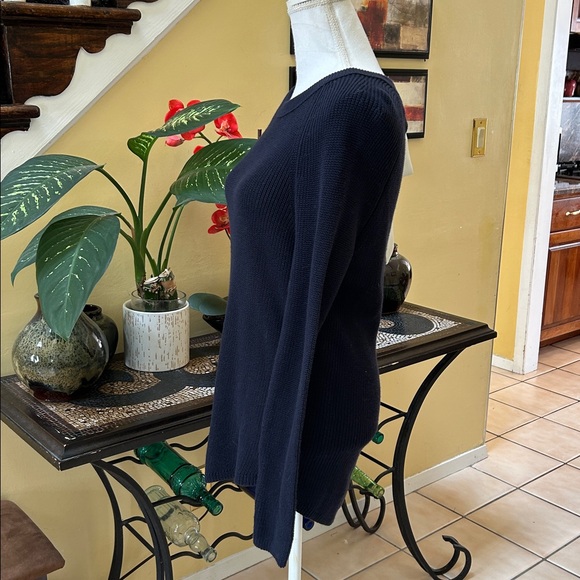 Loft Navy Blue Ribbed White Bow Tie Crew Neck Cotton Knit Pullover Sweater NWOT - Picture 8 of 15